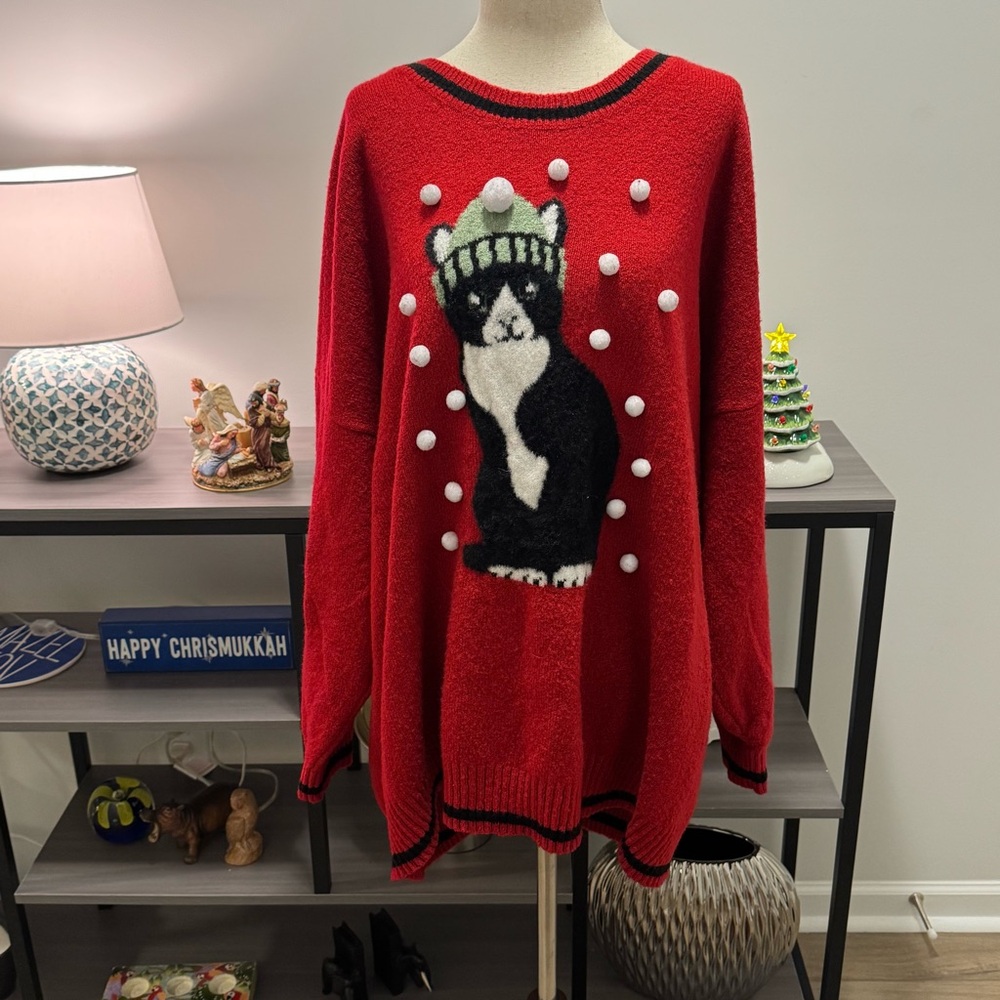 🎄 Torrid Holiday Cat Pom-Pom Sweater – Size 4 (4X) – Red/Black